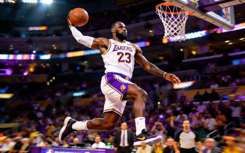 篮球巨星勒布朗·詹姆斯在NBA赛场上突破上篮的精彩画面
